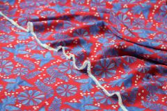 ткань красный штапель с синим рисунком (в 2х кусках 1.0 и 2.75) штапель вискоза цветы красная Италия