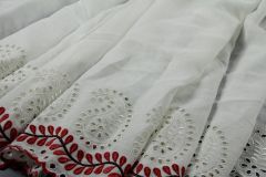 ткань белый лен с красным орнаментом шитье лен пейсли белая Италия