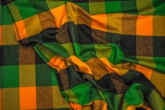 ткань шерсть в клетку зеленого, оранжевого и черного цвета пальтовые шерсть в клетку зеленая Италия