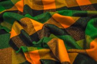 ткань пальтовая шерсть в клетку зеленого, оранжевого и черного цвета