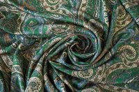 ткань шелковый твил хвойно-зеленого цвета с пейсли и фазанами (купон) 