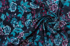 ткань хлопок с эластаном темно-синего цвета с бирюзовыми и бордово-розовыми цветами костюмно-плательная хлопок цветы синяя Италия