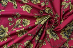 ткань хлопок вишневого цвета с хохломой костюмно-плательная хлопок цветы красная Италия