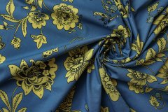 ткань хлопок синего цвета с хохломой костюмно-плательная хлопок цветы синяя Италия