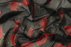 ткань черный шифон с розами Италия