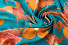 ткань крепдешин цвета морской волны с крупными цветами Италия
