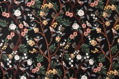 ткань черный сатин стрейч с эластаном с цветами и птицами Италия