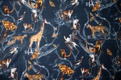 ткань сатин стрейч синего цвета с животными Италия