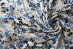 ткань молочный атлас с синими и черными цветами Италия