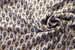 ткань атлас с желто-синими перьями на лавандовом фоне Италия