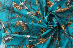 ткань поплин цвета морской волны с животными Италия