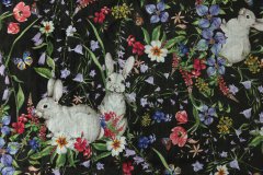ткань черный лен с цветами и зайцами Италия