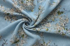 ткань голубой лен с цветами вишни Италия