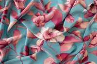 ткань бирюзовый крепдешин с цветами (уценка)