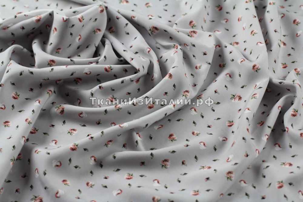 ткань серый крепдешин с маленькими розочками, крепдешин шелк цветы серая Италия