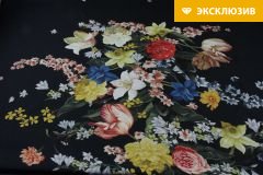 ткань черный шелк с яркими цветами (купон) шармюз шелк цветы черная Италия