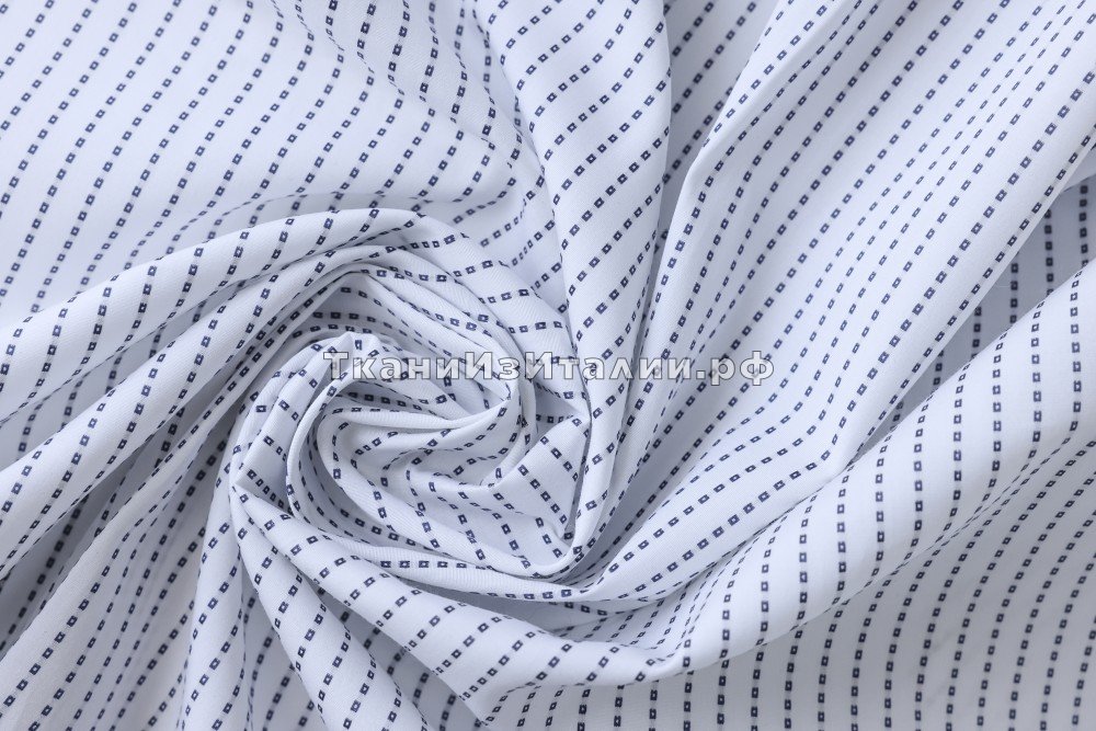 ткань белый сорочечный хлопок в синюю пунктирную полоску, сорочечная хлопок в полоску белая Италия