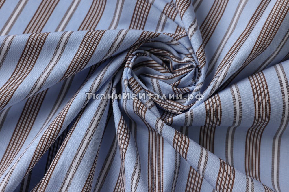 ткань голубой хлопок в коричневую и белую полоску, сорочечная хлопок в полоску голубая Италия